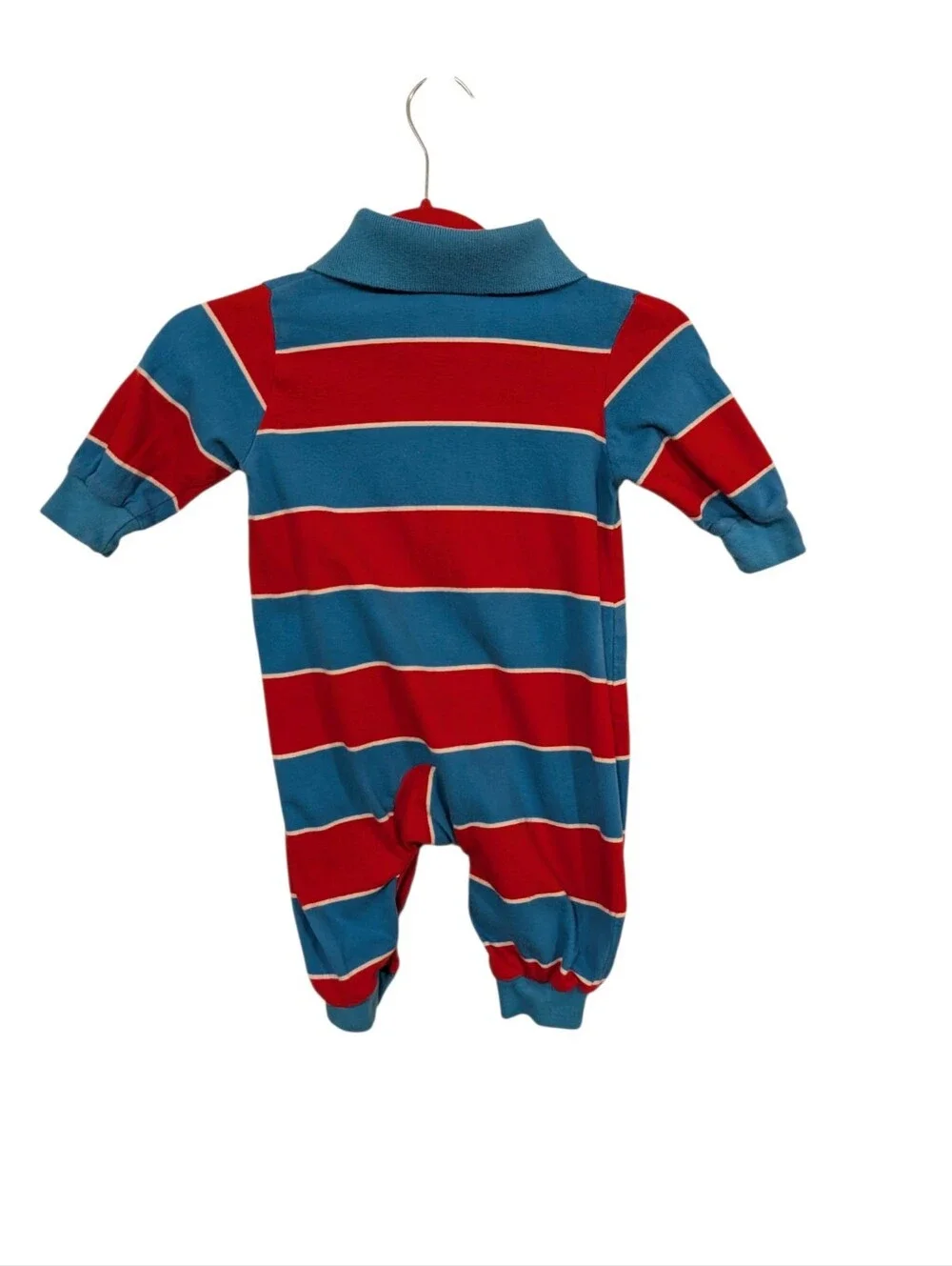 Vintage Oshkosh blue Red Striped Long Sleeve Polo Romper Baby 3-6M 100% Cotton